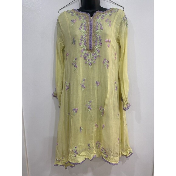 Agha Noor Dresses & Skirts - Agha Noor Afghanoor Yellow & Purple Embroidered Dress Size Medium Floral Lined